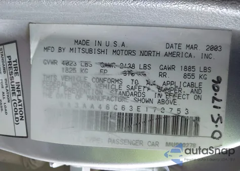 2003 Mitsubishi Galant Es/Ls z USA, uszkodzony, nr VIN 4A3AA46G63E170753